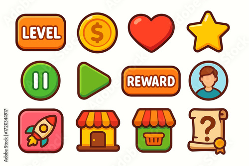 Colorful game icons set: level, coin, heart, star, play, reward, avatar, rocket, shop, scroll