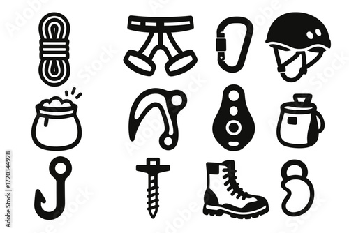 Climbing gear icons: rope, harness, carabiner, helmet, boots, chalk bag, ice axe, belay device