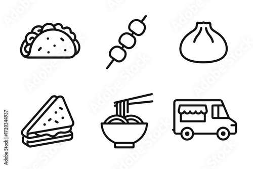 Black and white line art of diverse street food icons