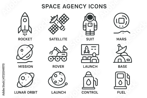 Space agency icons: rocket, satellite, mars, mission, control