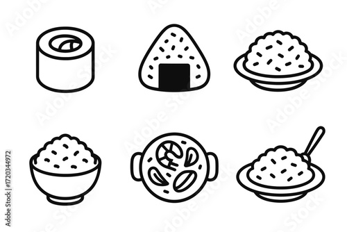 Asian rice dish icons: sushi, onigiri, rice bowl, curry, porridge, risotto illustrations