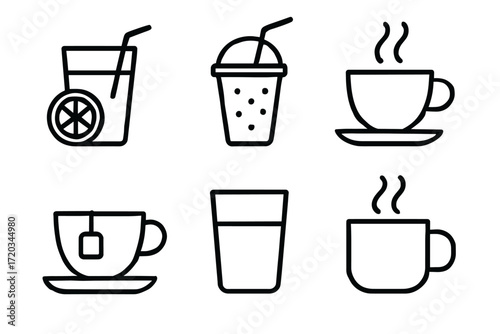 Outline icons of beverages: coffee cups, juice, bubble tea, and water