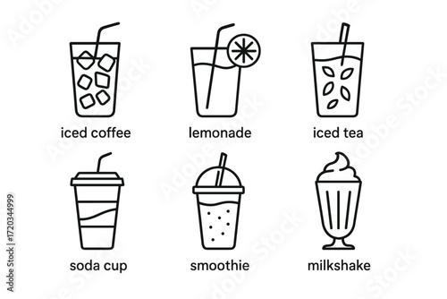 Collection of popular drink icons: iced coffee, lemonade, iced tea, soda, smoothie, milkshake