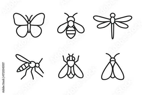 Outline illustrations of insects: butterfly, bee, dragonfly, mosquito, fly, moth