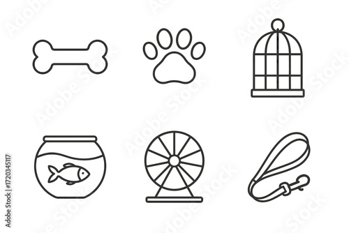 Pet essentials: bone, paw, cage, fishbowl, wheel, leash icons