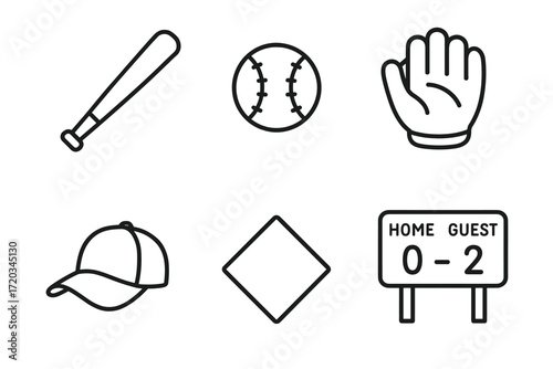 Baseball icons: bat, ball, glove, cap, base, scoreboard