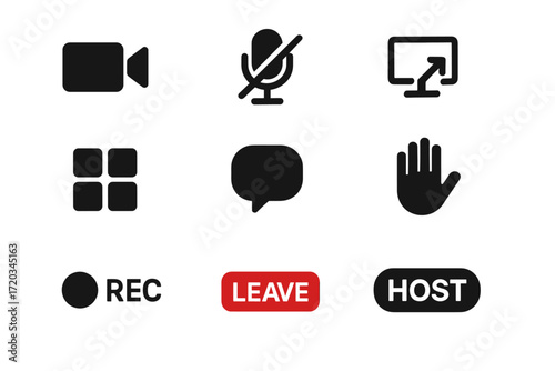 Essential icons for video conferencing: mute, record, leave, host
