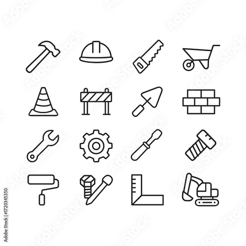 Heavy machinery construction icons collection. Outline symbols. Line design