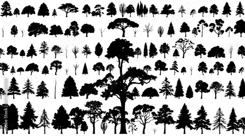 A large-scale composition of trees from diverse species, each uniquely shaped and arranged like a meticulous chart, is rendered in a minimalist vector aesthetic, with striking contrast against a prist