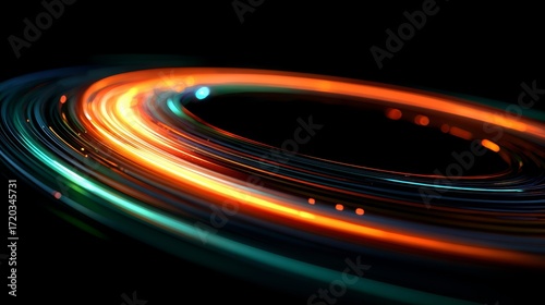 Colorful, glowing circle with a black background. The circle is surrounded by a series of bright, colorful lines