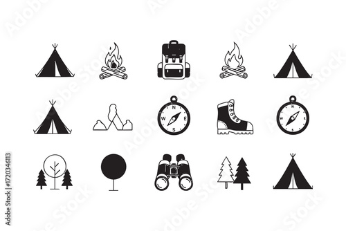 Camping and Outdoor Adventure Icons in Black and White on White Background Keywords: tent campfire backpack compass hiking boot mountain peak tree forest binoculars camping icon