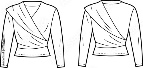 Fashion flat sketch of draped wrap blouse with long sleeves, front and back view, garment technical drawing, clothing design sewing template