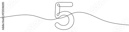 Number "5" in one line art style. Number "5" drawing with editable black stroke