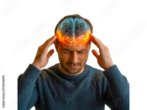 Man with headache isolated on transparent background with blue brain concept