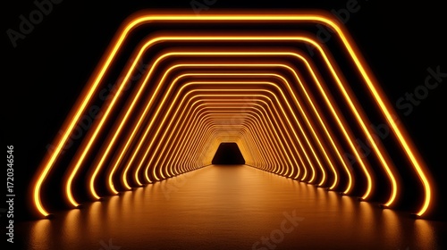 Long tunnel with orange lights. The lights are on in a row and they are orange