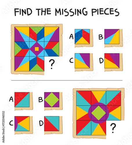 Find the piece puzzle set. Complete two colorful geometric quilt grids by choosing the correct square. Fun printable worksheet that builds attention, pattern recognition, and spatial reasoning