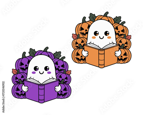 Charming cartoon ghosts find joy in reading spooky tales amidst festive pumpkin decorations, embodying the cheerful spirit of Halloween fun