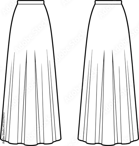 Fashion flat sketch of long pleated skirt, front and back view, technical drawing, skirt design template for sewing and garment pattern