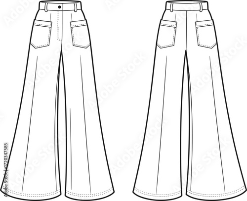 Wide-leg pants, fashion illustration, technical sketch, flared trousers, garment design, sewing pattern, high waist, patch pockets, stylish silhouette, apparel blueprint