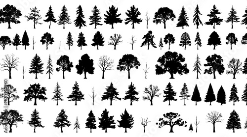 Scientific illustration of tree silhouettes, black forms arranged in precise rows on a pristine white canvas, with a focus on delicate outlines and varied species shapes, showcasing a range of foliage