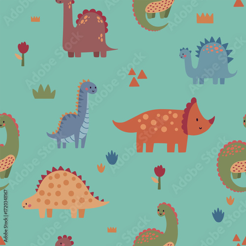 Seamless vector pattern with different types of funny dinosaurs, cute kids background