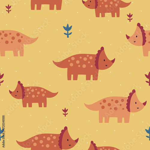 Seamless vector pattern with orange dinosaurs, cute kids yellow background