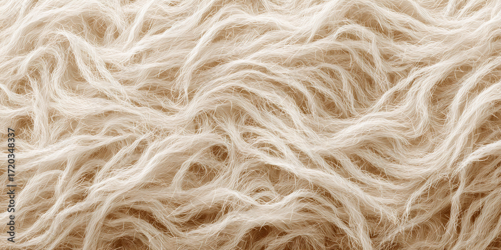 Fototapeta premium Light wool strands in soft beige shades forming fluffy textile surface background - AI generated