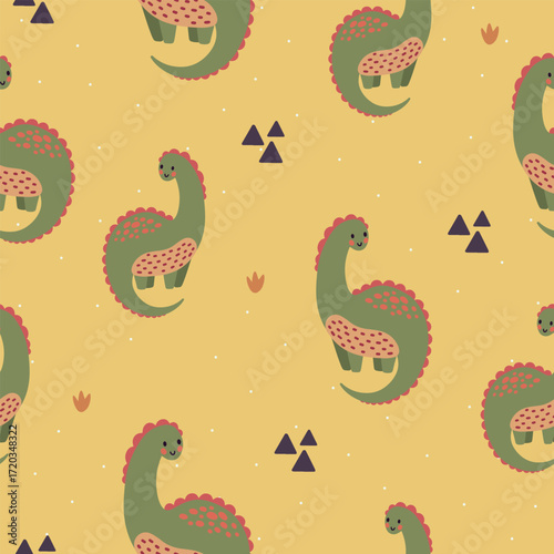 Seamless vector pattern with green funny dinosaurs, cute kids yellow background