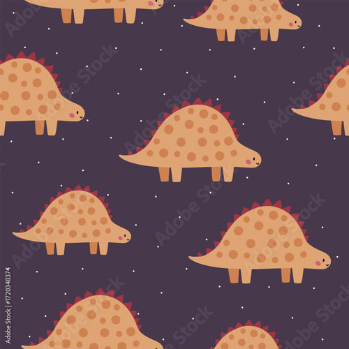 Seamless vector pattern with different types of funny dinosaurs, cute kids background