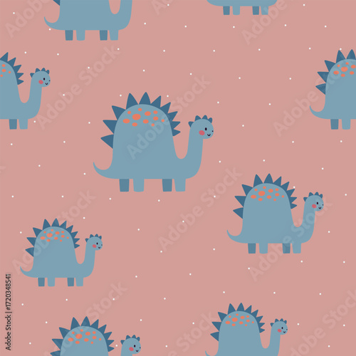 Seamless vector pattern with blue funny dinosaurs, cute kids background