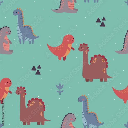 Seamless vector pattern with different types of funny dinosaurs, cute kids background