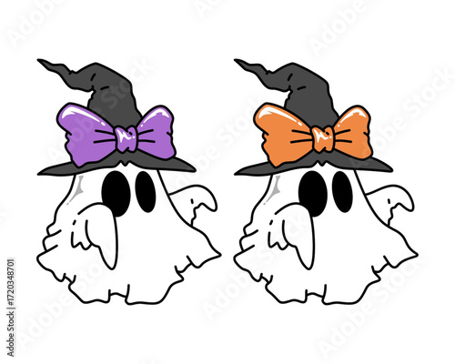 Cute Halloween Ghost Illustrations Featuring Witch Hats and Bows, Perfect for Spooky Season Decorations and Designs