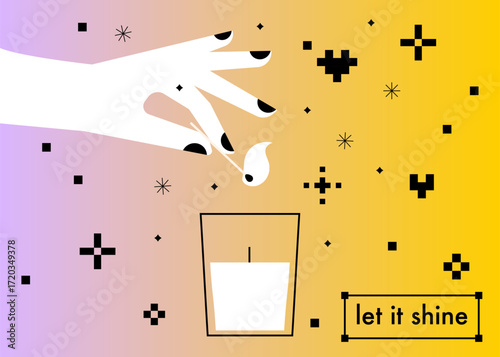 Hand lighting candle in glass jar on bright yellow, purple gradient background with sparkles. Humans hand holding match stick burning with fire flame. Hygge, moody abstract flat vector illustration