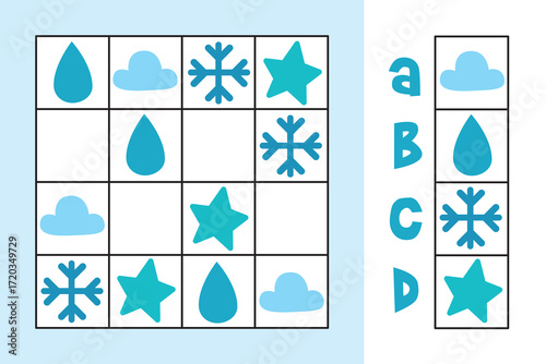 Picture sudoku with weather symbols - raindrop, cloud, snowflake, star. Kids place each icon once per row and column. Fun printable logic worksheet for classroom or home.