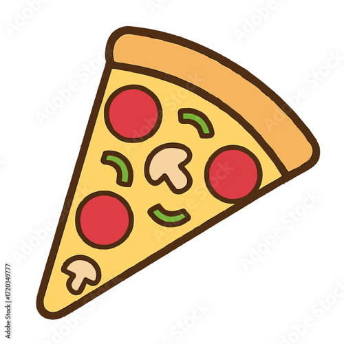 Delicious pizza slice with pepperoni, mushrooms, and peppers illustration for restaurant menus or fun social media food posts, cute and appetizing