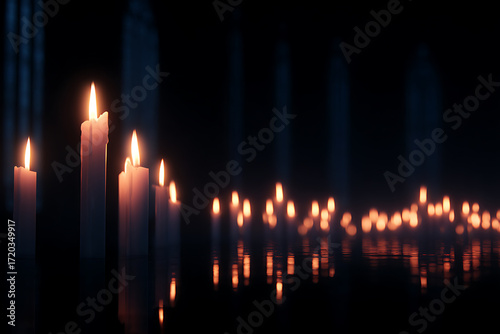 candlelit church scene, candles flicker softly in a church at night, casting a peaceful glow in the darkness