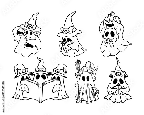 Collection of cute ghost witch characters for Halloween celebration. Spooky and adorable phantom line art illustrations set