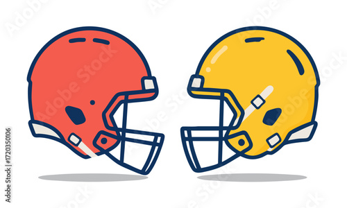 American Football Helmets Face-Off Red and Yellow Minimal Flat Vector, Clean Outline, easily editable and scalable.