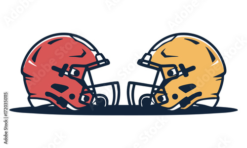 American Football Helmets Face-Off Red and Yellow Minimal Flat Vector, Clean Outline, easily editable and scalable.