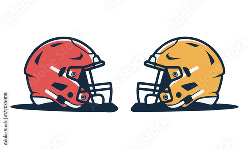 American Football Helmets Face-Off Red and Yellow Minimal Flat Vector, Clean Outline, easily editable and scalable.