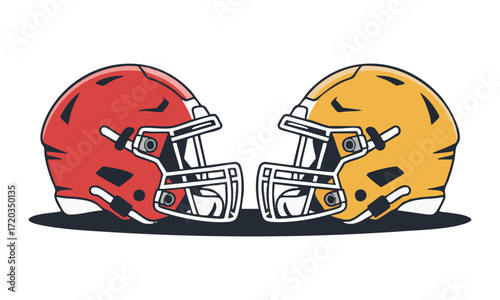 American Football Helmets Face-Off Red and Yellow Minimal Flat Vector, Clean Outline, easily editable and scalable.