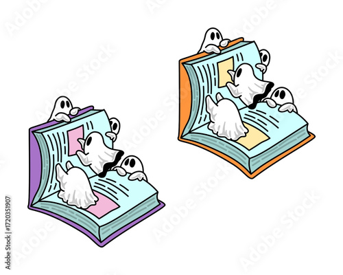 Spooky Halloween Ghosts Reading a Book Cute Illustration