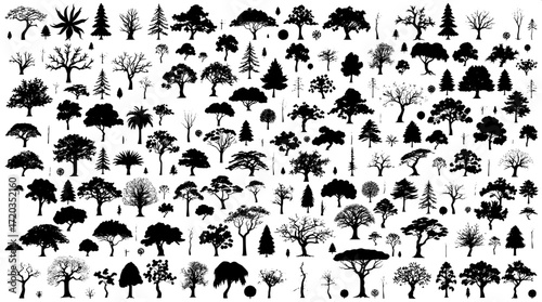 Stylized inventory of trees, arranged in a dense grid with meticulous precision, showcasing a wide range of species, each tree a stark black silhouette against a clean white background, highlighting t