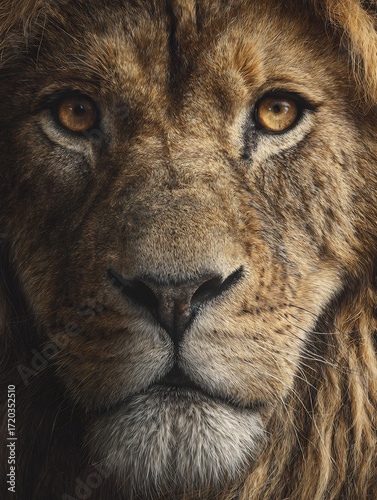 Hyper realistic close up of lion with golden mane and piercing amber eyes fur textures captured in stunning detail lifelike wildlife portrait