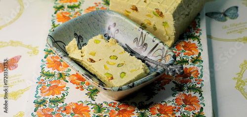 Turkish sweet dessert: sesame halva. Authentic Turkish sesame halva, a healthy and delicious dessert. Includes various fillings.