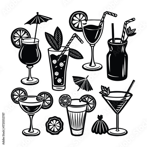Assorted Black And White Cocktail Illustrations cocktails