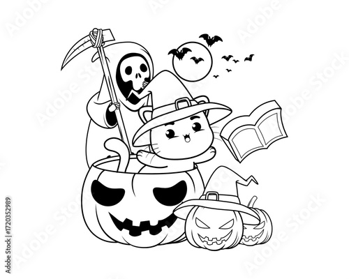 Enchanting Halloween Night Illustration Featuring a Friendly Grim Reaper and a Cute Witch Cat Amidst Mystical Pumpkins and a Magical Spellbook, Ideal for Festive Coloring Fun