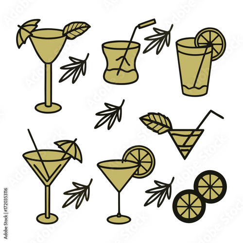 Golden cocktails and citrus slices drink beverage
