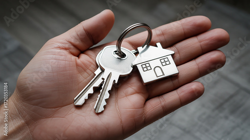 a silver house key with a metal house-shaped keychain, attached to two keys.