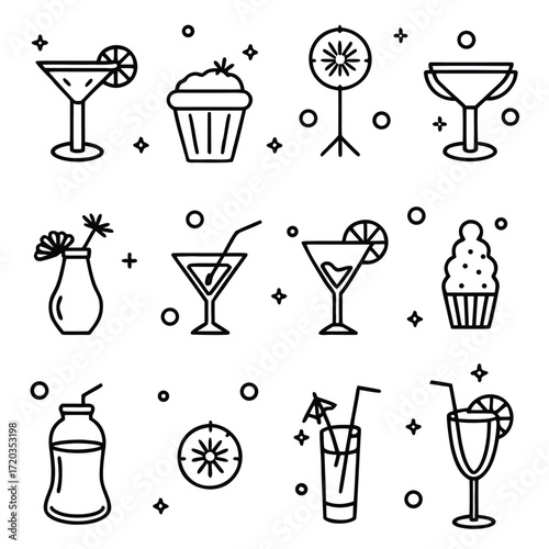 Party drinks and sweets icons cocktail martini